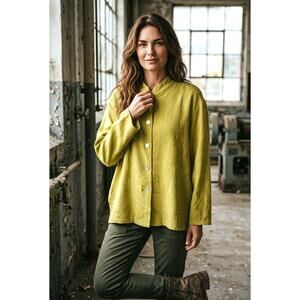 Vintage Chico's Silk Blend Jacket Top Size 3 XL Green Button Front Lightweight